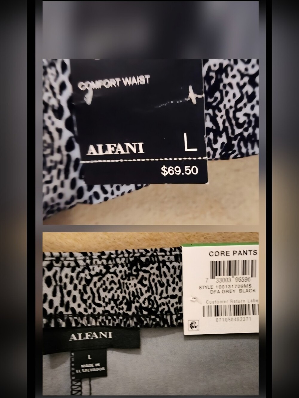 Alfani Dress Pants Large Nice Thick Fabric Stretch NWT Black & Gray Animal Print